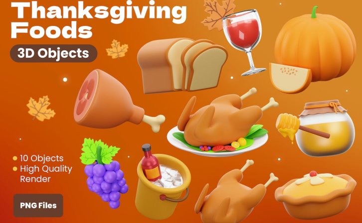 感恩节食品3D插画 Thanksgiving Foods 3D illustration