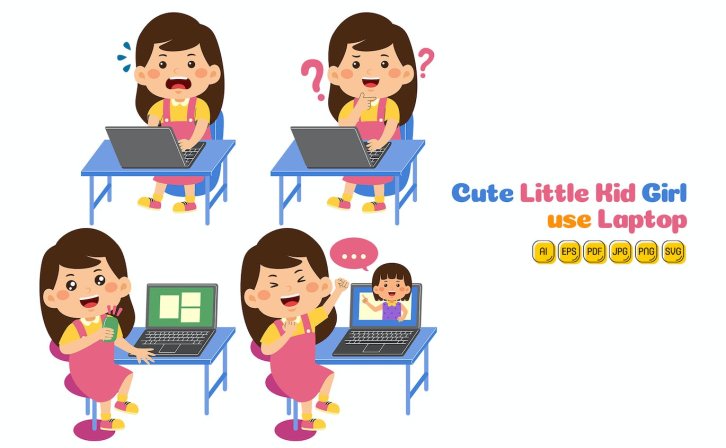 可爱的小女孩使用笔记本电脑矢量素材 #01 Cute Little Kid Girl use Laptop Vector Pack #01