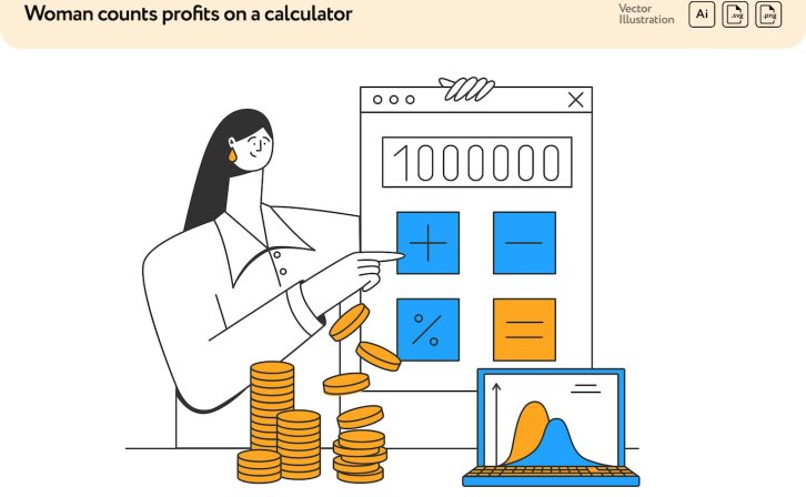 利润计算概念矢量插画素材 Woman Counts Profits on a Calculator