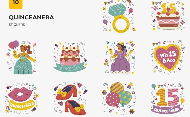 成人礼主题贴纸图案矢量插画 Quinceanera Stickers