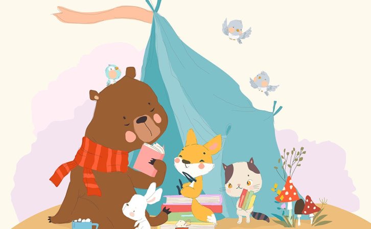 卡通动物看书矢量插画 Cartoon Funny Animals reading Book in a Teepee