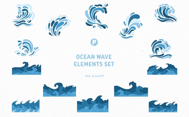 蓝色海洋波浪元素插画集 Blue Ocean Wave Element Illustration Set