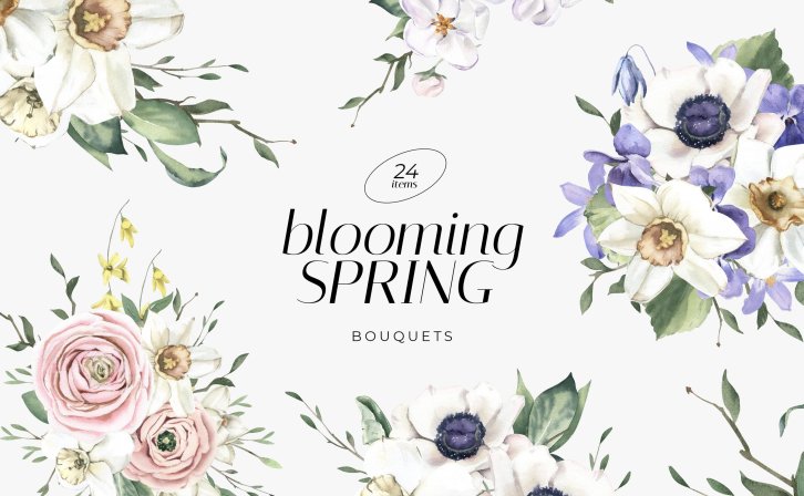 盛开的春季水彩花束手绘插画 Blooming Spring Watercolor Bouquets