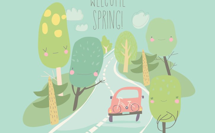 汽车旅行春季森林插画 Car is driving on the road through spring forest.