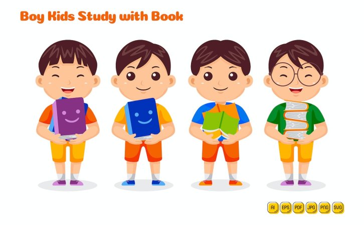 男孩儿童学习书籍矢量插画 Boy Kids Study with Book Vector Pack #01