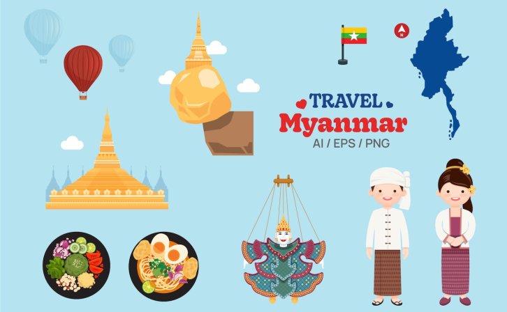 缅甸元素地图和地标符号矢量插画 Travel Myanmar elements map and landmarks symbols