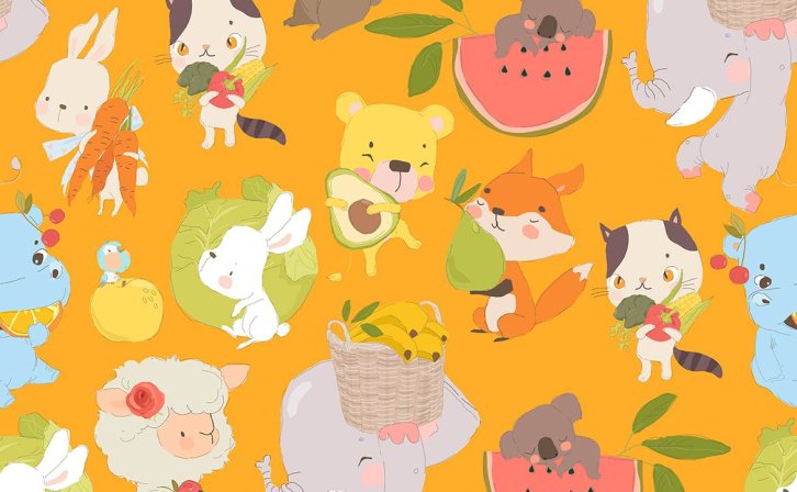 可爱的卡通动物矢量无缝图案插画 Vector Seamless Pattern with Cute Cartoon Animals