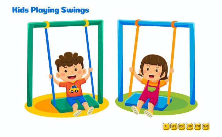 孩子们玩秋千矢量儿童插画素材 #02 Kids Playing Swings Vector Pack #02