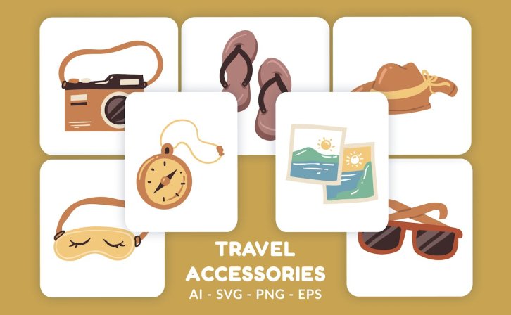 旅行配件矢量插画v2 Travel Accessories Vector Illustration v.2