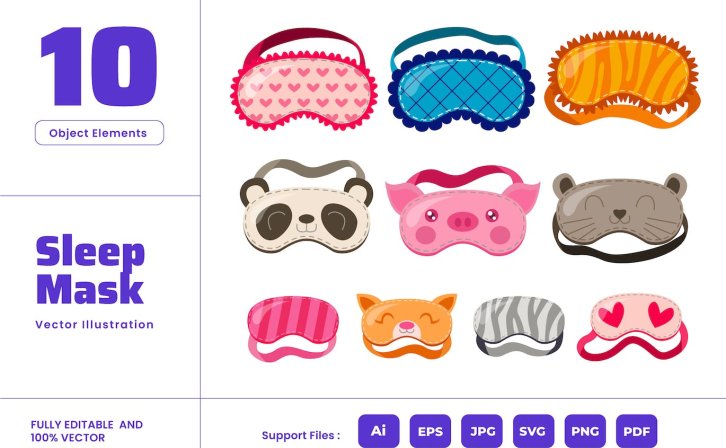 睡眠面膜-可爱动物图案眼罩盲人自我护理矢量插画 Sleep Mask – Cute Animal Eye Mask Blind Self Care