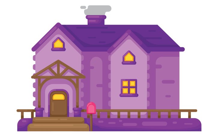 带木门廊的深紫色鬼屋矢量插画 Dark Purple Haunted House with Wooden Porch.