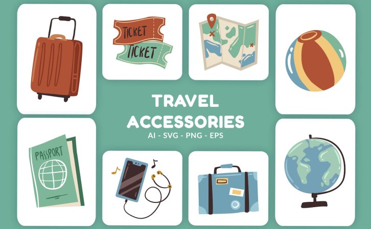 旅行配件矢量插画v1 Travel Accessories Vector Illustration