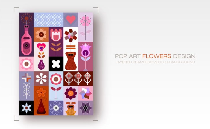 波普艺术花卉设计无缝矢量背景 Pop Art Flower Design seamless vector background