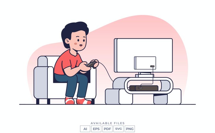 玩电子游戏场景矢量插画v4 Playing Video Game Illustration