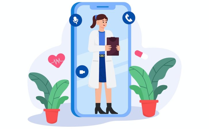 医生视频通话会诊场景插画 Doctor Consultation Via Video Call Illustration