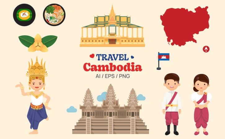 柬埔寨元素地图和地标符号矢量插画 Travel Cambodian elements map and landmarks symbol