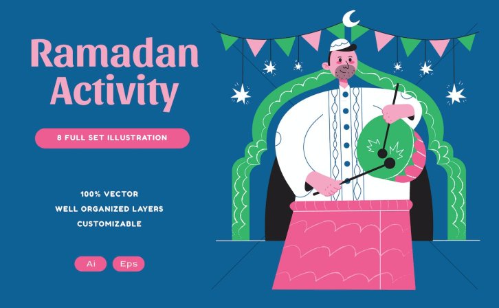 蓝色平面设计斋月活动插画套件 Blue Flat Design Ramadan Activity Illustration Set