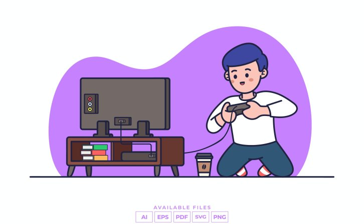 玩电子游戏场景矢量插画v2 Playing Video Game Illustration