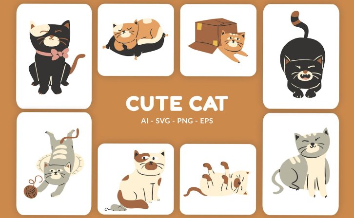 可爱的猫动物矢量插画v1 Cute Cat Vector Illustration