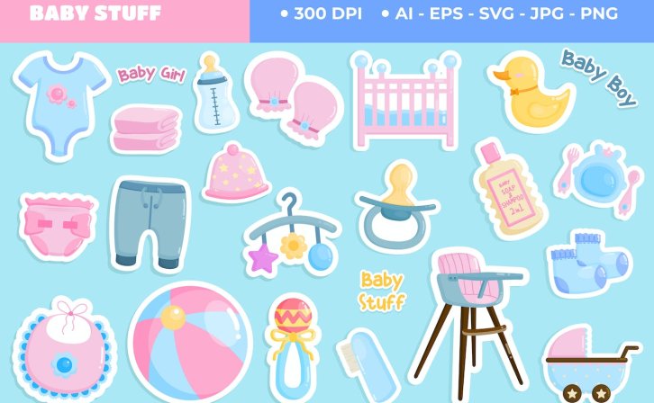 婴儿护理用品可爱贴纸插画套装 Baby Care Stuff Cute Sticker Set