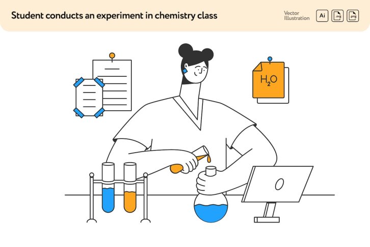 学生化学实验矢量插画素材 Student Conducts an Experiment in Chemistry Class