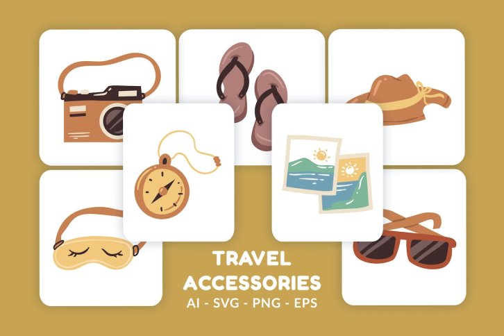 旅行配件矢量插画v2 Travel Accessories Vector Illustration v.2