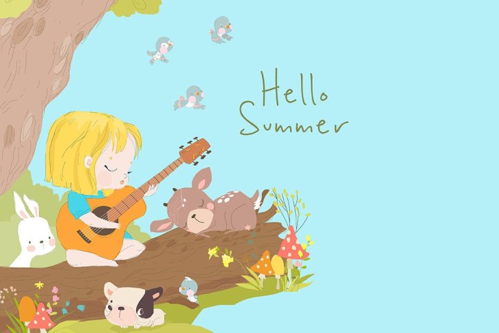 森林动物&吉他女孩卡通矢量插画 Cartoon Little Girl playing Guitar with Animals